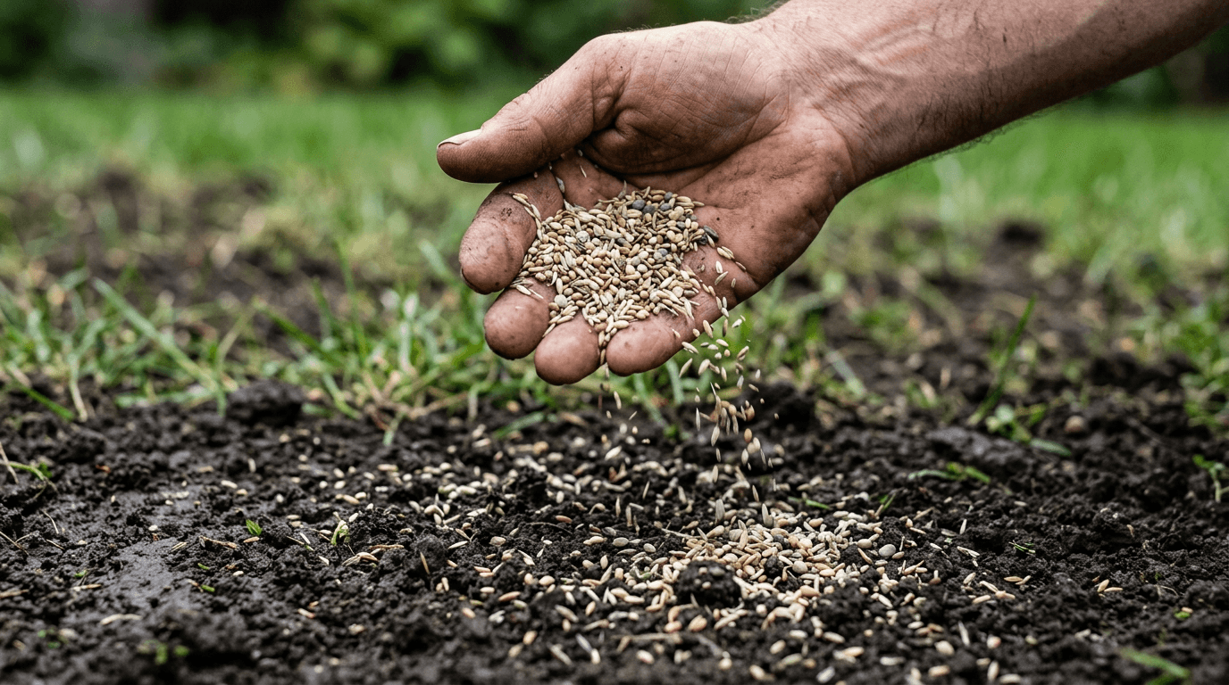 Cool-season grass seed scattered over prepared topsoil for overseeding.