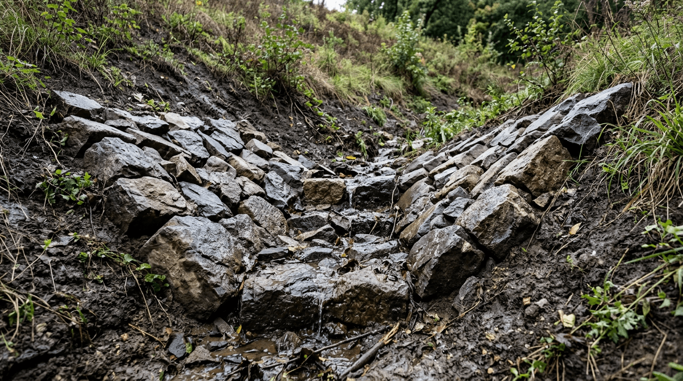 Riprap stone at the outlet of a slope drainage channel.