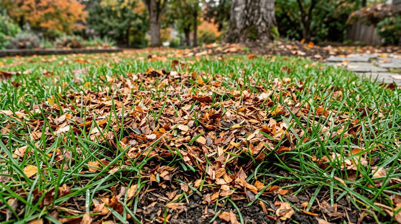 Finely shredded autumn leaves worked into turf between grass blades.