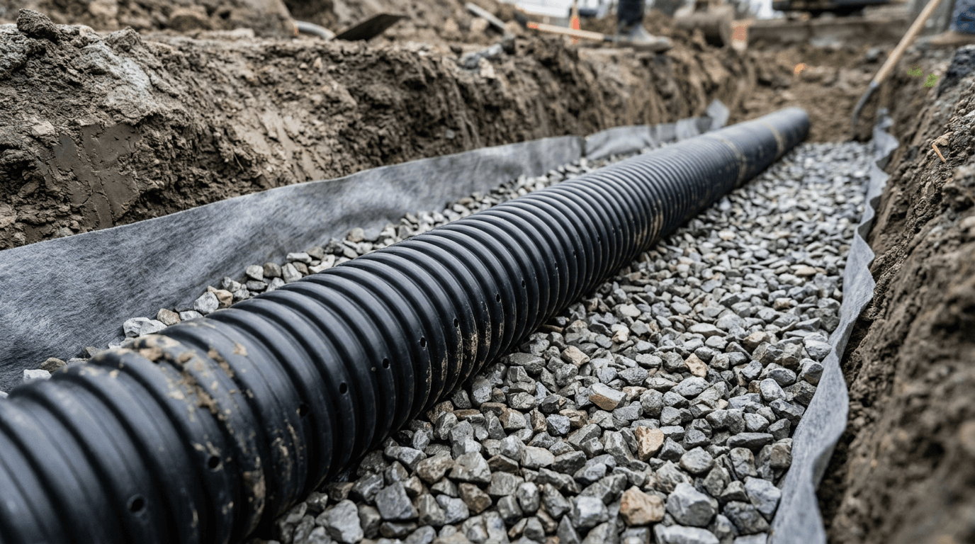 Perforated drainage pipe bedded in clean stone inside a narrow trench.