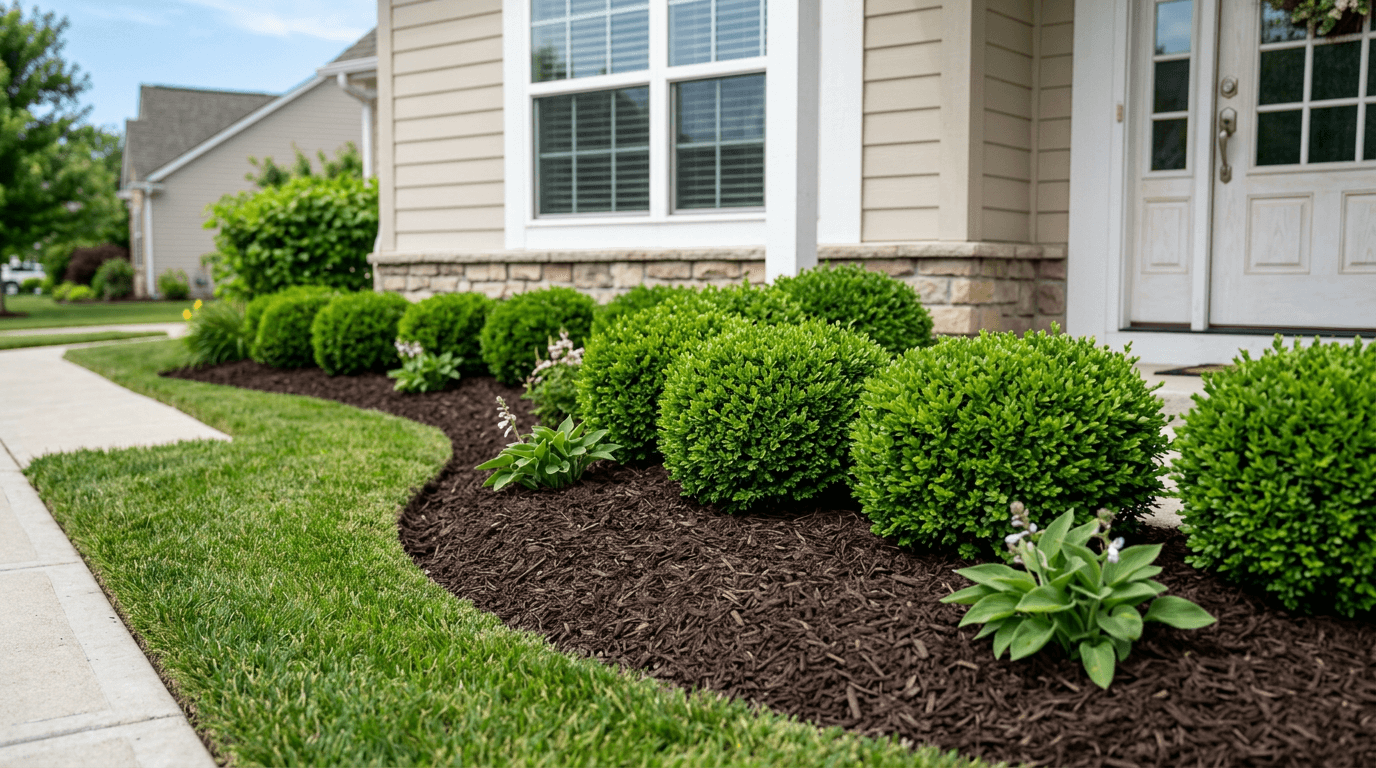 Neat foundation planting with simple shrubs and fresh mulch.