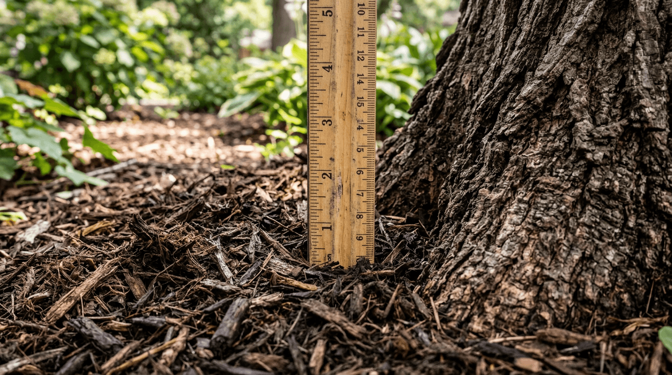 A ruler checking mulch depth beside a tree trunk flare.