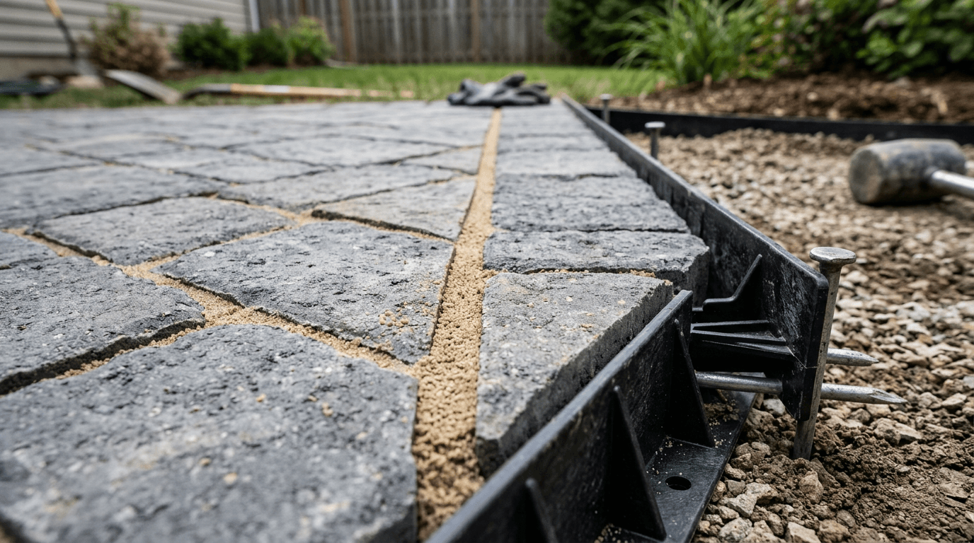 Paver joints filled with polymeric sand next to plastic edge restraint.