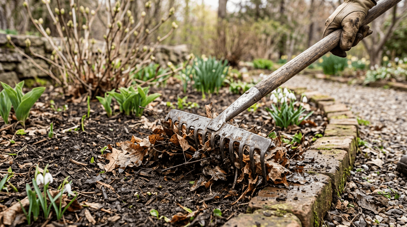 A metal rake clearing winter debris from a bed edge in early spring.