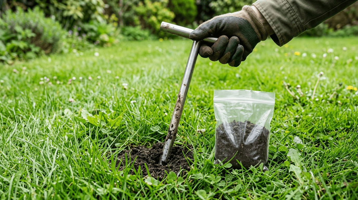 Soil sampling tools and a small bag of turf soil on healthy grass.