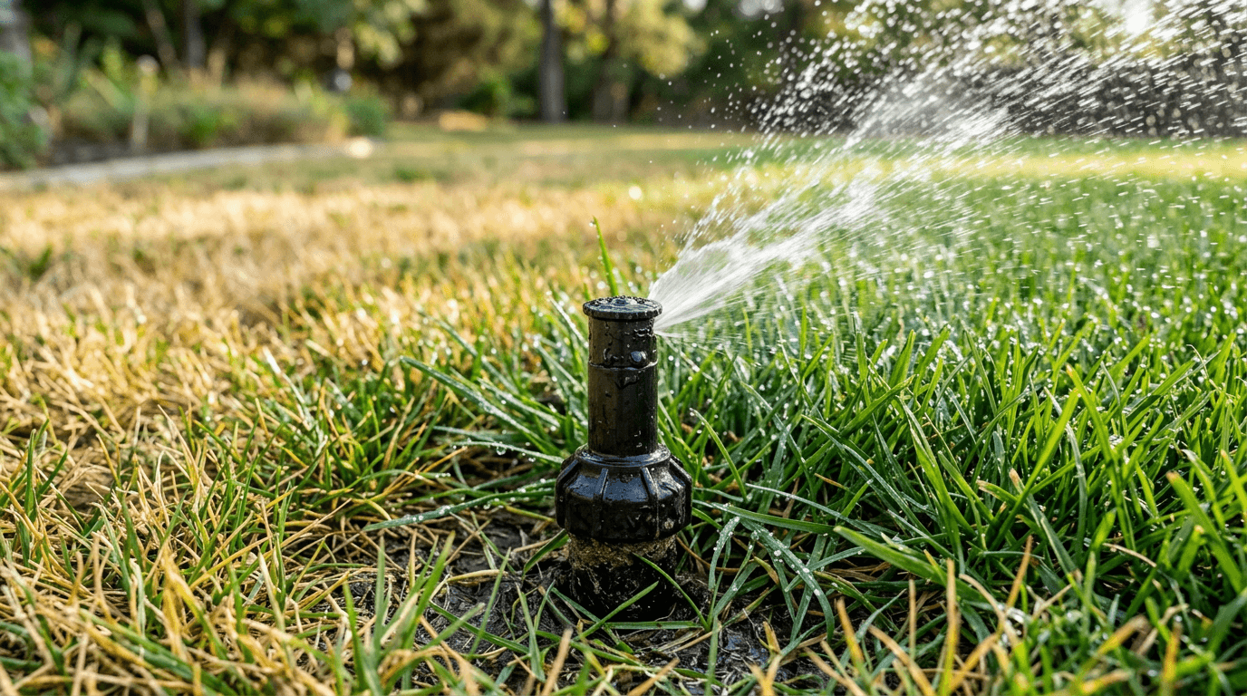 A pop-up sprinkler head irrigating a residential lawn in summer.