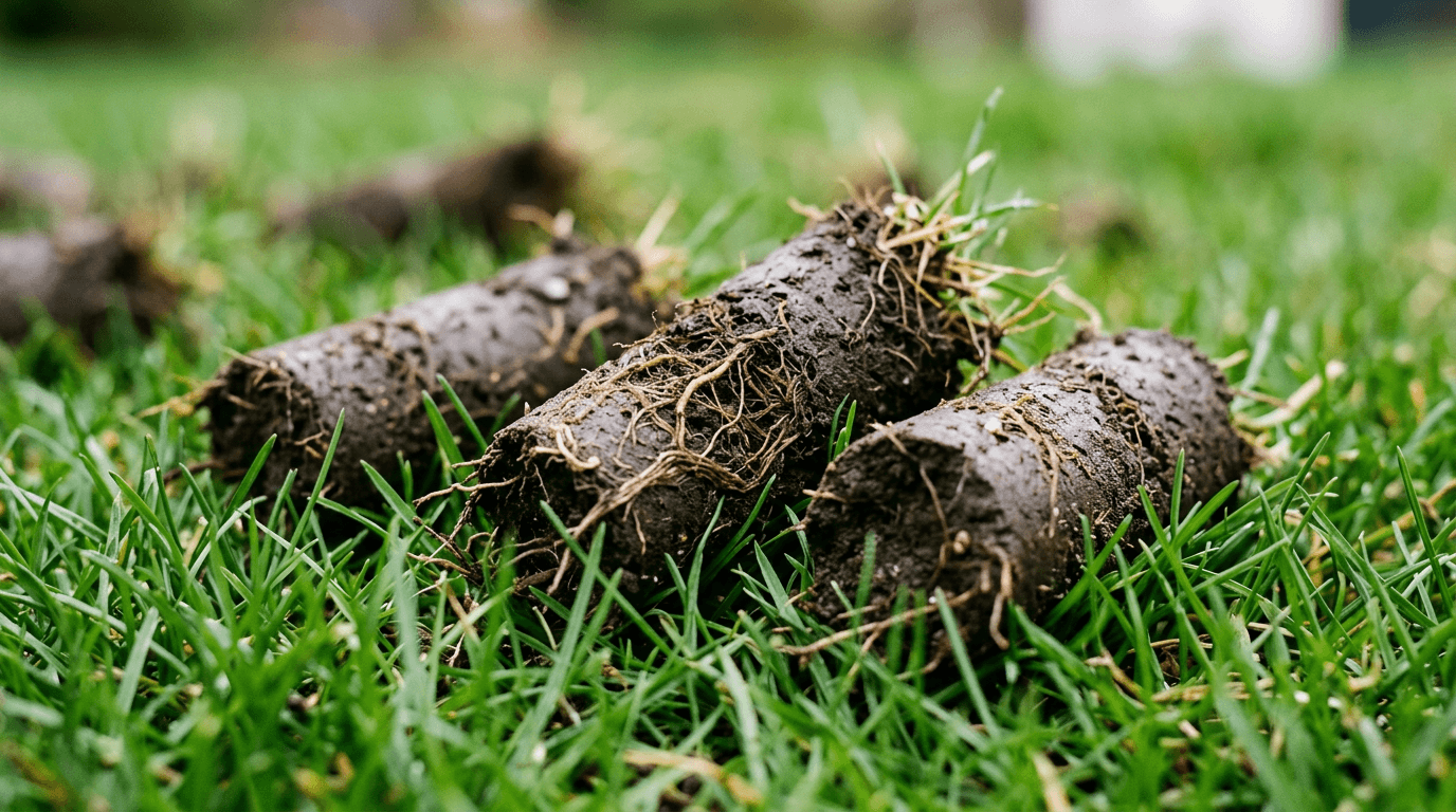 Cylindrical soil cores pulled from turf after core aeration.