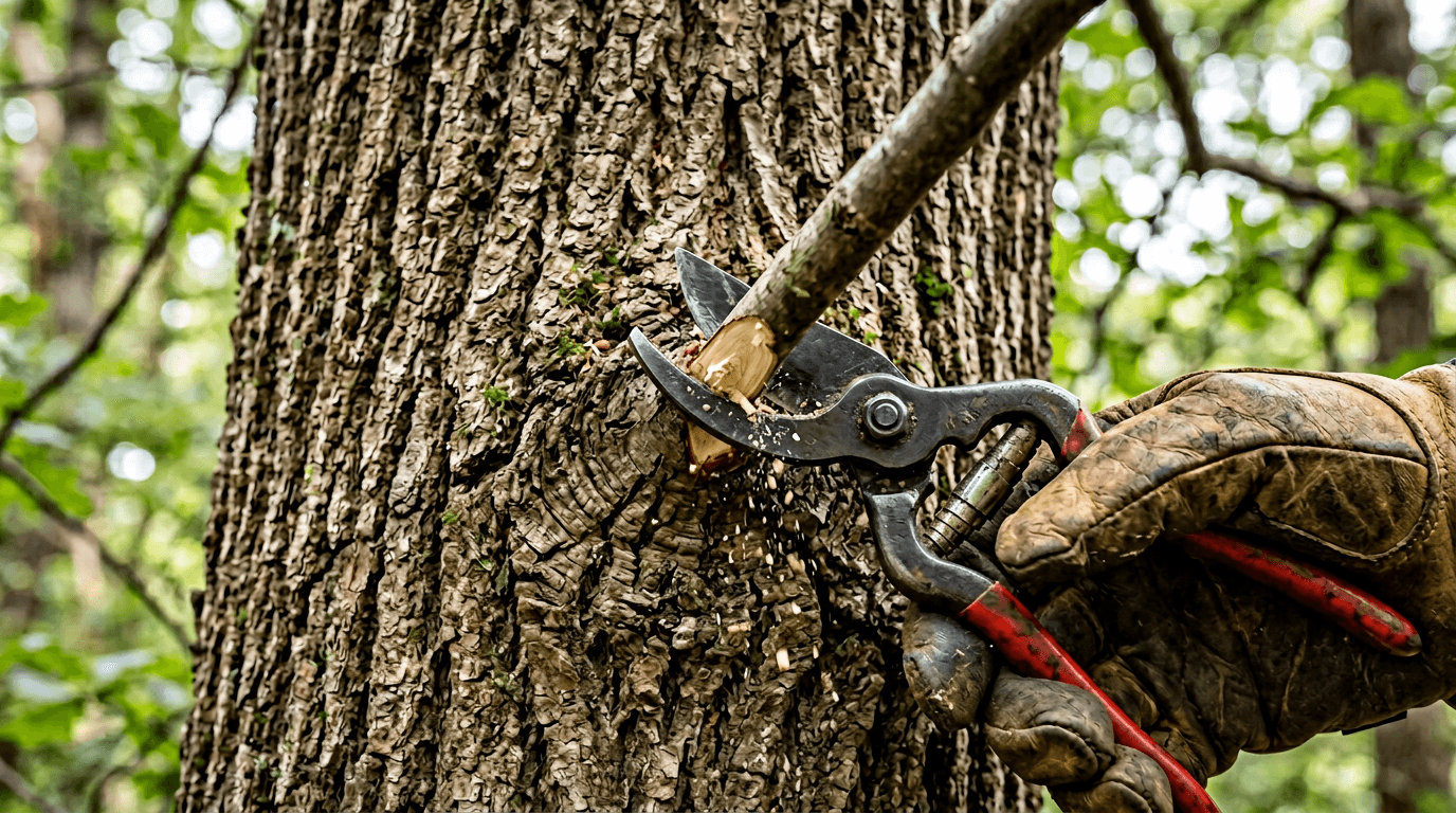 Bypass pruners meeting bark at a branch collar on a small limb.