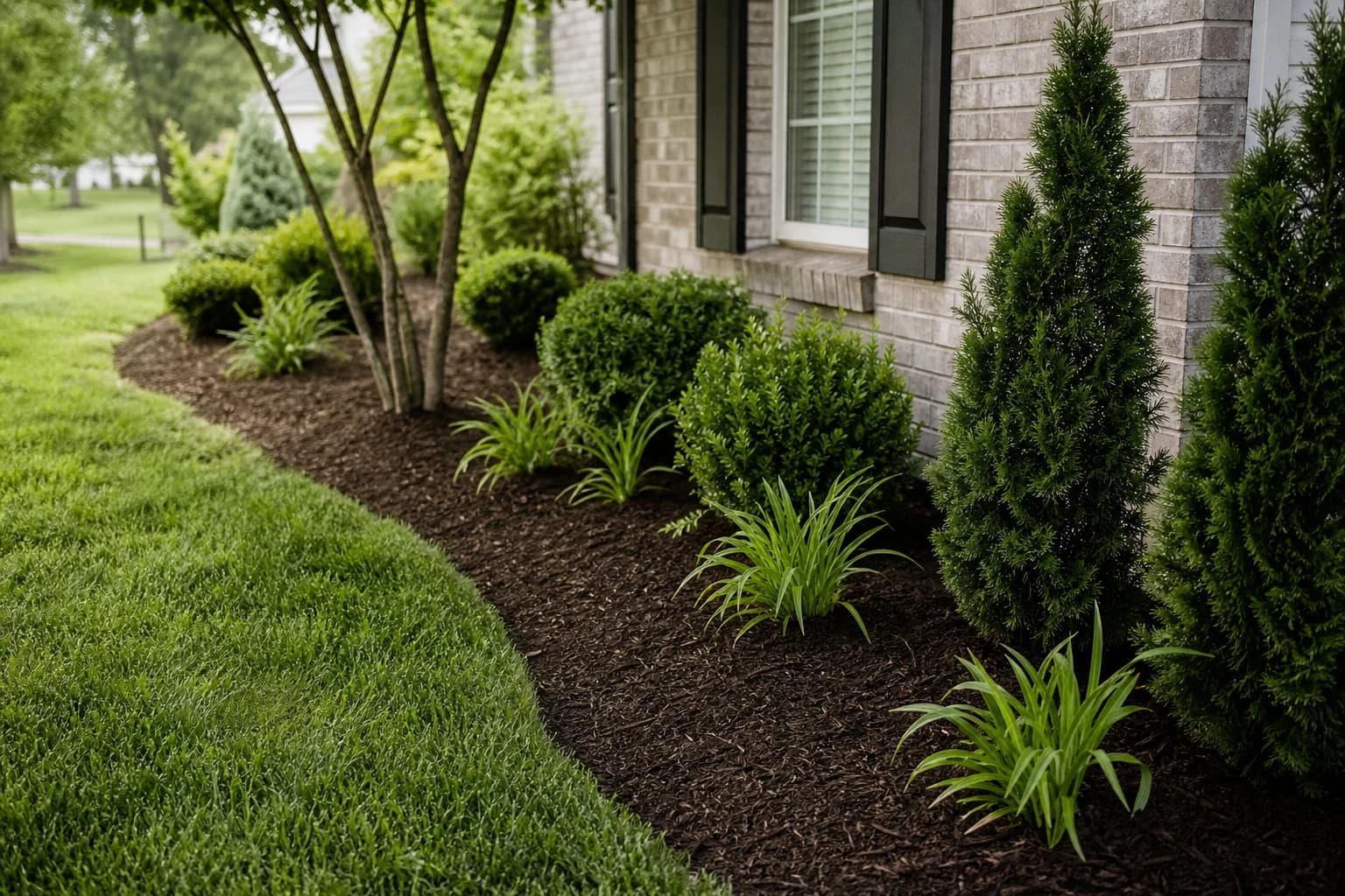 Fresh mulch installed in a landscape bed at a Lexington property